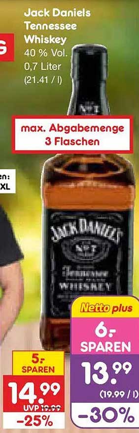 Jack Daniels Tennessee Whiskey 40 % Vol. 0,7 Liter (21.41 / l)