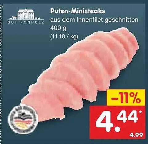 Puten-Ministeaks aus dem Innenfilet geschnitten 400 g (11.10 / kg)