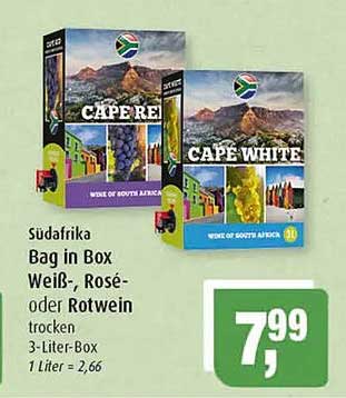 Südafrika Bag in Box Weiß-, Rosé- oder Rotwein trocken 3-Liter-Box