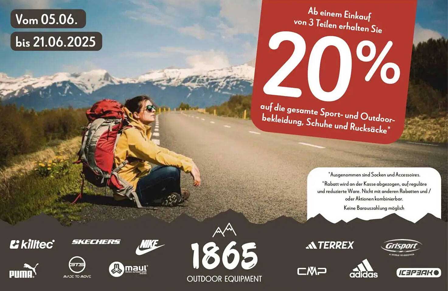 20% Rabatt auf Sport- und Outdoorbekleidung, Schuhe und Rucksäcke