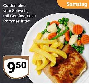 Cordon bleu vom Schwein mit Gemüse, dazu Pommes frites
