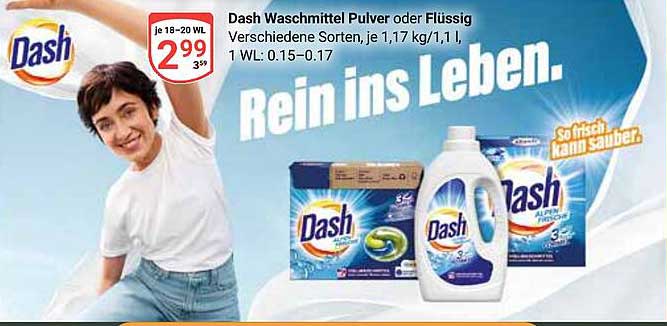 Dash Waschmittel Pulver oder Flüssig - Verschiedene Sorten, je 1,17 kg/1,1 l