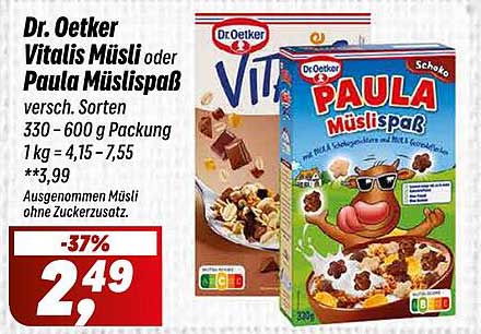 Dr. Oetker Vitalis Müsli oder Paula Müslispas – verschiedene Sorten