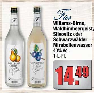 Fies Williams-Birne, Waldhimbeergeist, Slivovitz oder Schwarzwälder Mirabellenwasser 40% Vol. 1-L-FI