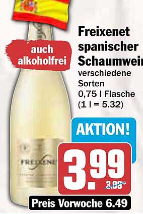 Freixenet spanischer Schaumwein, verschiedene Sorten 0,75 l Flasche (1 l = 5,32)