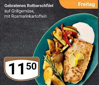 Gebratenes Rotbarschfilet auf Grillgemüse, mit Rosmarinkartoffeln