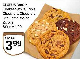 GLOBUS Cookies - Himbeer-White, Triple Chocolate, Chocolate und Hafer-Rosine-Zitrone