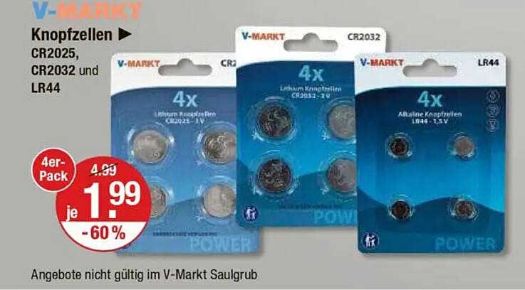 Knopfzellen CR2025, CR2032 und LR44 - 4er-Pack