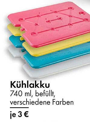 Kühlakku 740 ml, gefüllt, verschiedene Farben, je 3 €