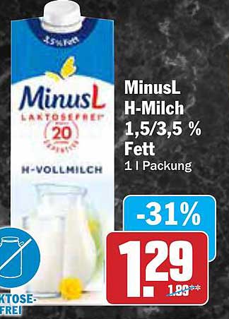 MinusL H-Milch 1,5/3,5 % Fett, 1 l Packung