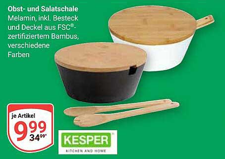 Obst- und Salatschale aus Melamin mit Besteck und Deckel aus FSC®-zertifiziertem Bambus
