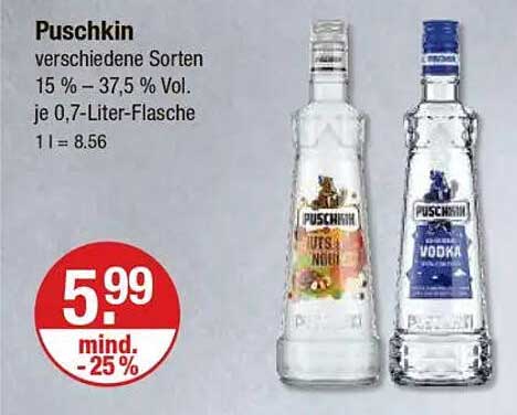 Puschkin verschiedene Sorten 15 % – 37,5 % Vol. je 0,7-Liter-Flasche