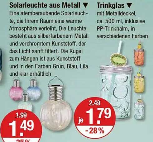 Solarleuchte aus Metall und Trinkglas mit Metallverschluss