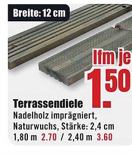 Terrassendiele Nadelholz imprägniert, Naturwuchs, Stärke: 2,4 cm