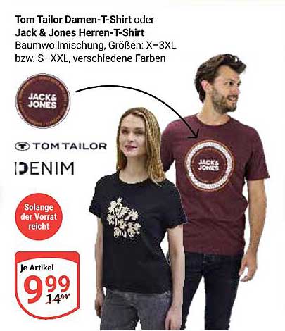 Tom Tailor Damen-T-Shirt oder Jack & Jones Herren-T-Shirt