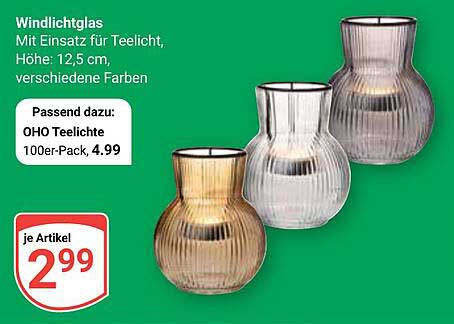 Windlichtglas mit Einsatz für Teelicht, Höhe: 12,5 cm, verschiedene Farben
