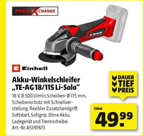 Akku-Winkelschleifer „TE-AG18/115 Li-Solo“