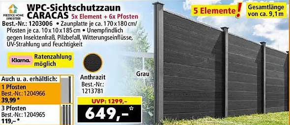 WPC-Sichtschutzzaun CARACAS 5x Element + 6x Pfosten