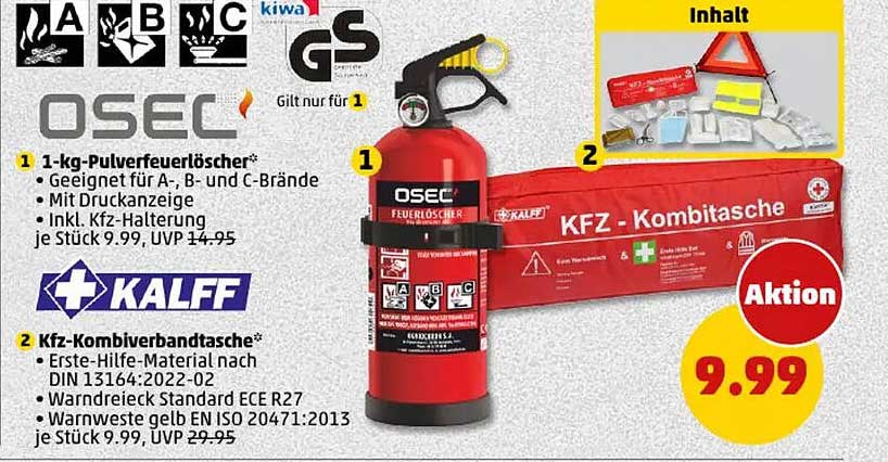 1-kg-Pulverfeuerlöscher und KFZ-Kombiverbandtasche zum Aktionspreis