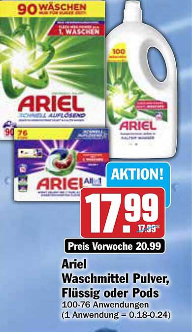 Ariel Waschmittel Pulver, Flüssig oder Pods - 100-76 Anwendungen