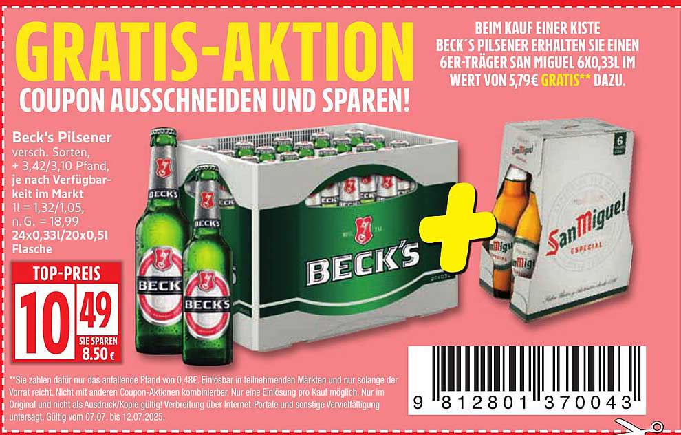 Beck's Pilsener Kiste mit gratis San Miguel 6er-Träger