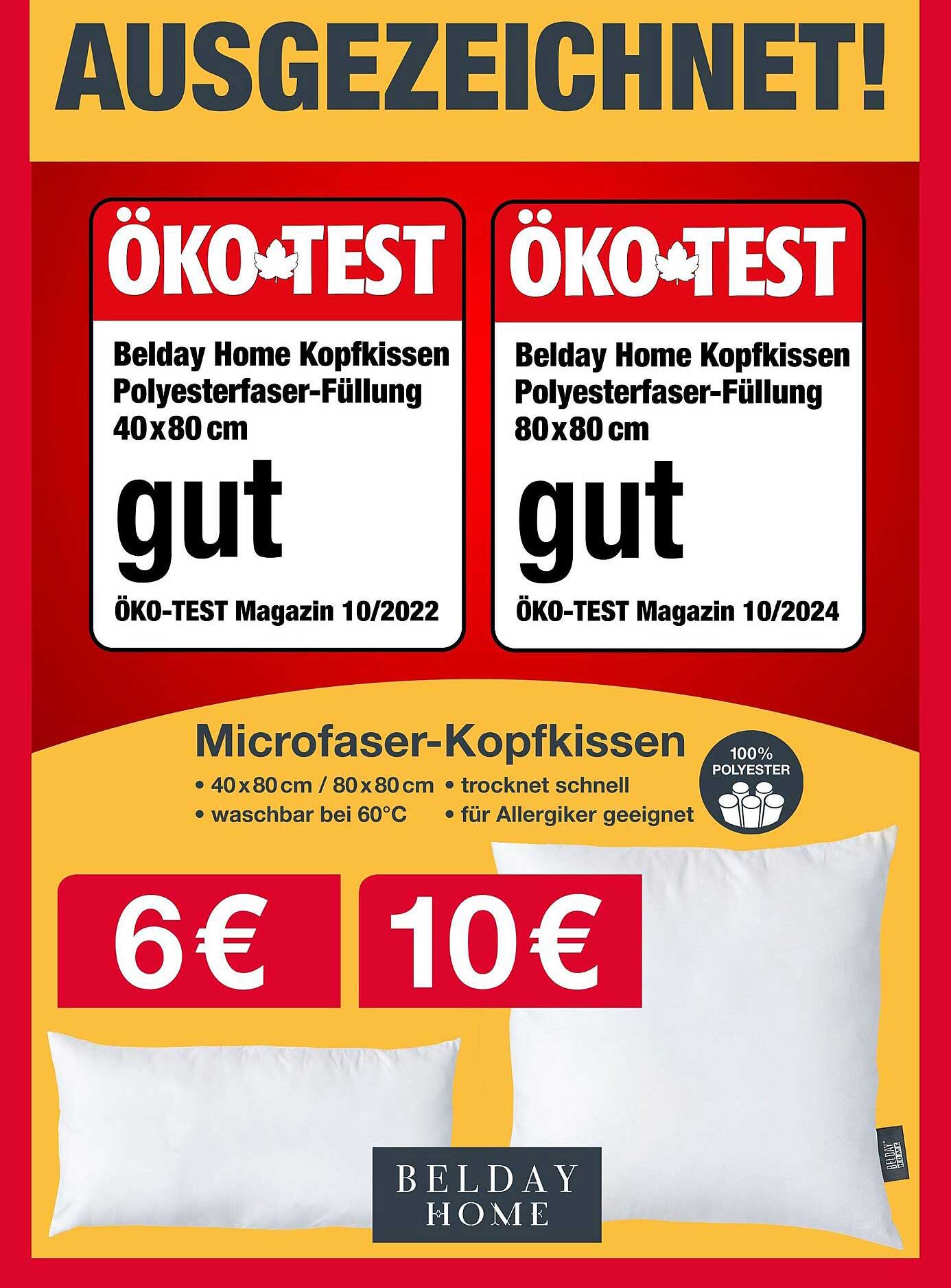 Belday Home Kopfkissen mit Polyesterfaser-Füllung 40x80 cm und 80x80 cm