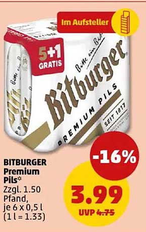 BITBURGER Premium Pils 6 x 0,5 l (1 l = 1,33)