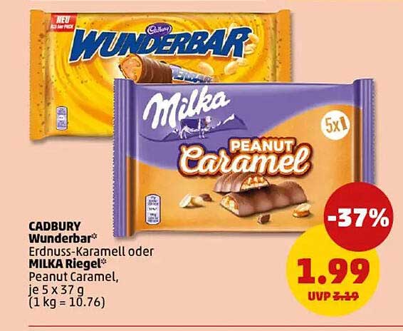 Cadbury Wunderbar Erdnuß-Karamell oder Milka Peanut Caramel Riegel