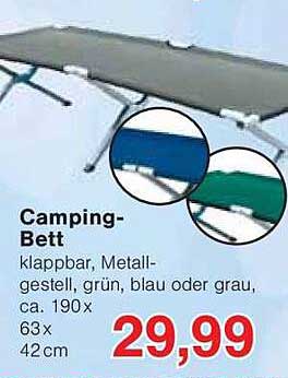 Camping-Bett klappbar, Metallgestell, grün, blau oder grau