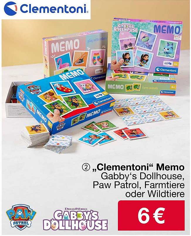 Clementoni Memo – Gabby’s Dollhouse, Paw Patrol, Farmtiere oder Wildtiere