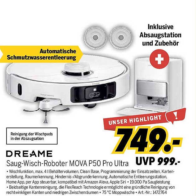DREAME Saug-Wisch-Roboter MOVA P50 Pro Ultra - inkl. Abstation und Zubehör