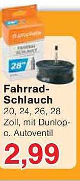 Fahrrad-Schlauch 20, 24, 26, 28 Zoll mit Dunlop- oder Autoventil