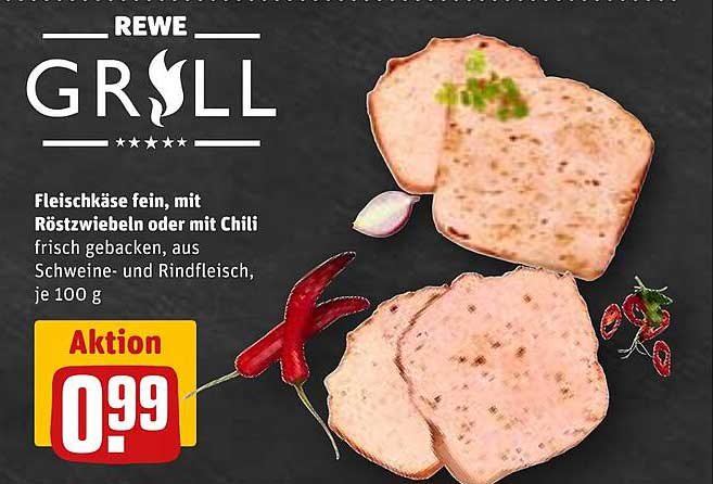 Fleischkäse fein, mit Röstzwiebeln oder mit Chili, frisch gebacken, aus Schweine- und Rindfleisch, je 100 g