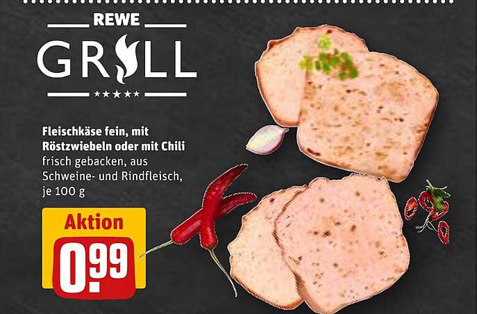Fleischkäse fein, mit Röstzwiebeln oder mit Chili, frisch gebacken, aus Schweine- und Rindfleisch, je 100 g