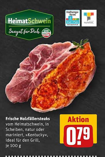 Frische Holzfällersteaks vom HeimatSchwein, in Scheiben, natur oder mariniert, »Kentucky«, ideal für den Grill, je 100 g