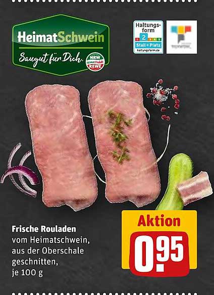 Frische Rouladen vom Heimatsschwein, aus der Oberschale geschnitten, je 100 g