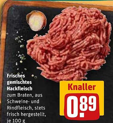 Frisches gemischtes Hackfleisch zum Braten, aus Schweine- und Rindfleisch, stets frisch hergestellt, je 100 g