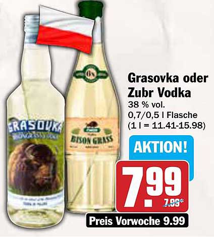Grasovka oder Zubr Vodka 0,7 l oder 0,5 l Flasche - 38 % vol