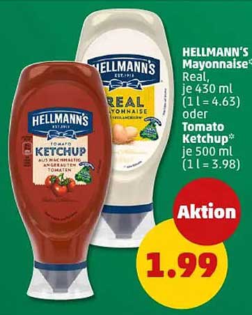 HELLMANN’S Ketchup oder Mayonnaise, je 430 ml oder 500 ml für 1,99 €