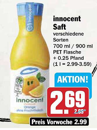 innocent Saft verschiedene Sorten 700 ml / 900 ml PET Flasche + 0.25 Pfand