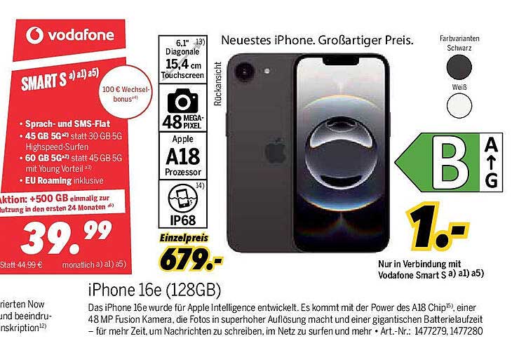 iPhone 16e (128GB) - Neu und günstig mit Vodafone Smart S