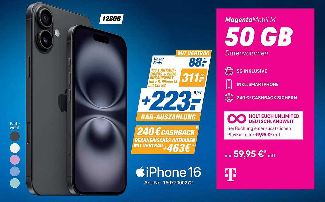 MagentaMobil M mit iPhone 16 - 50 GB Datenvolumen