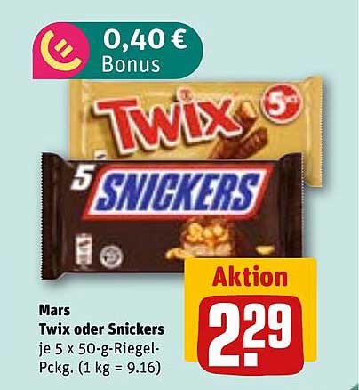 Mars Twix oder Snickers 5 x 50-g-Riegel-Pckg. (1 kg = 9,16 €)
