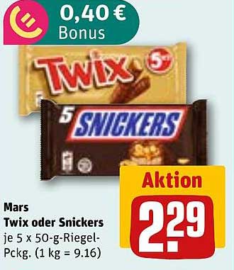 Mars Twix oder Snickers (5 x 50-g-Riegel-Pckg.)