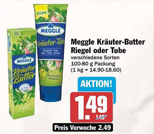 Meggle Kräuter-Butter Riegel oder Tube, verschiedene Sorten 100-80 g Packung