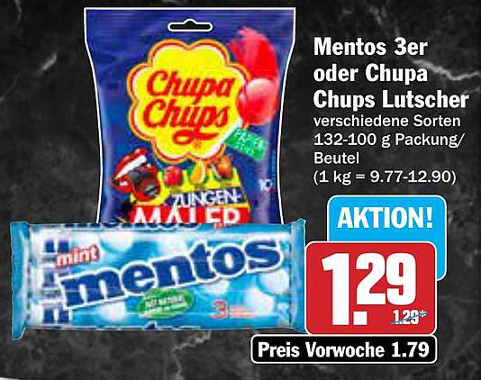 Mentos 3er oder Chupa Chups Lutscher verschiedene Sorten 132-100 g Packung/Beutel