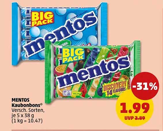 MENTOS Kaubonbons, verschiedene Sorten, je 5 x 38 g