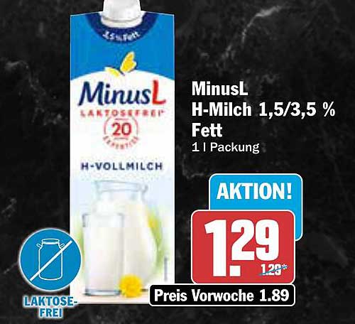 MinusL H-Milch 1,5/3,5 % Fett 1 l Packung
