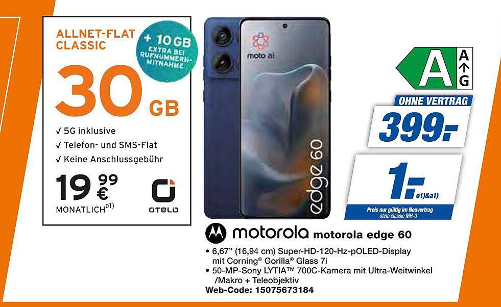 Motorola edge 60 mit Allnet-Flat Classic – 30 GB 5G für nur 19,99 € monatlich