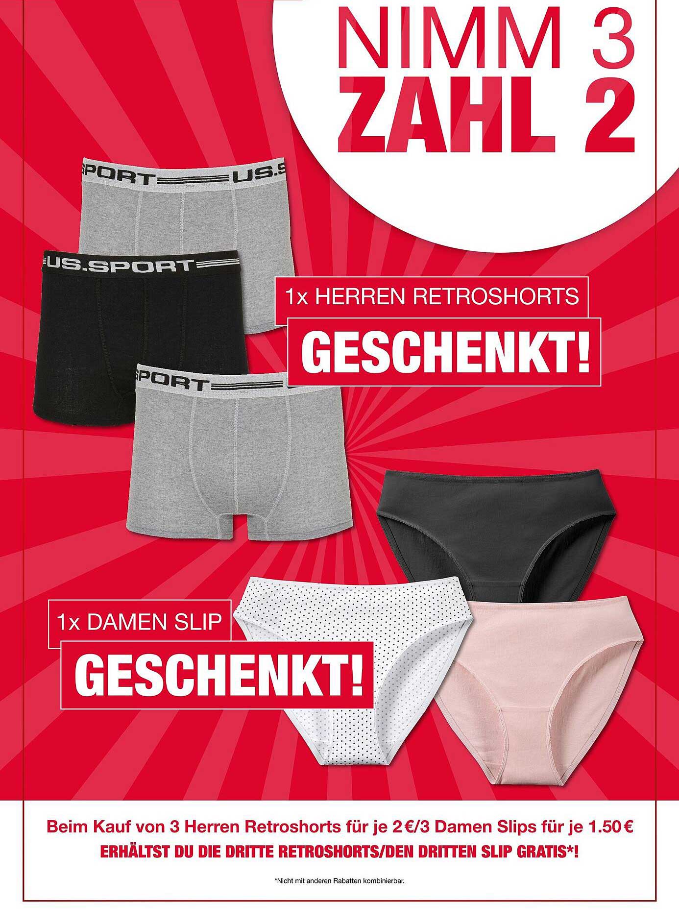 Nimm 3, zahl 2 – Herren Retros horts und Damen Slips